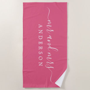 Serviette De Plage Chic Newlysée M. Mme Hot Pink Monogrammed