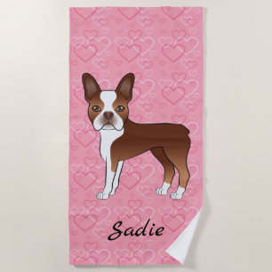 Serviette De Plage Chien Boston Terrier Rouge Sur Coeurs Roses Et Nom