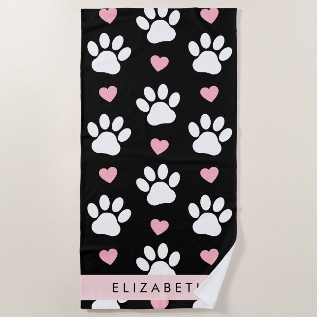 Serviette De Plage Chien Paws, White Paws, Rose Hearts, Votre Nom (Devant)