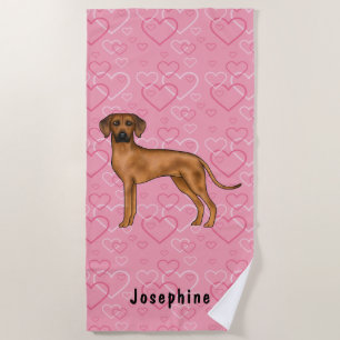 Serviette De Plage Chien Rhodesian Ridgeback sur des cœurs roses avec