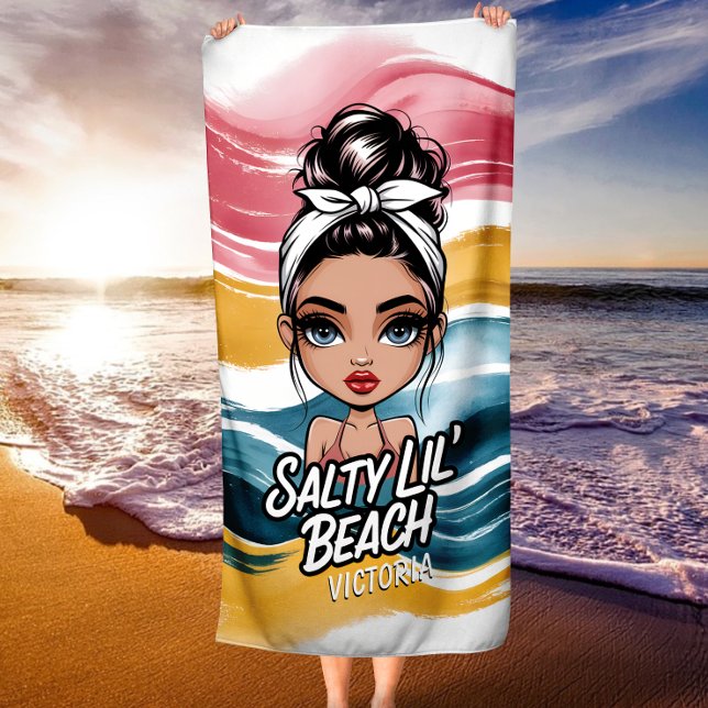 Serviette De Plage Chignon Décoiffé Petite Plage Salée Nom Personnali (Créateur téléchargé)