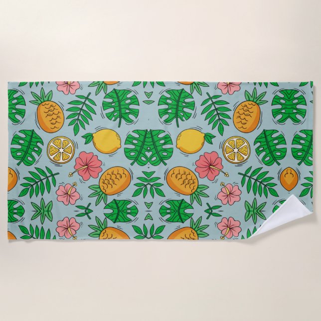Serviette De Plage citron d'ananas tropical et motif de fleurs roses (Devant)