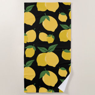 Serviette De Plage Citron Motif Fruit Rétro Jaune sur Noir