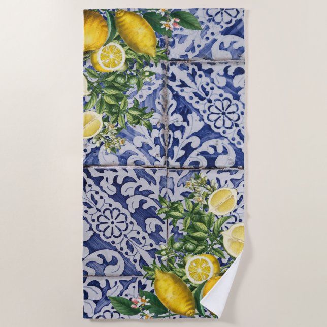 Serviette De Plage Citrons méditerranéens Carreaux portugais d'été (Devant)