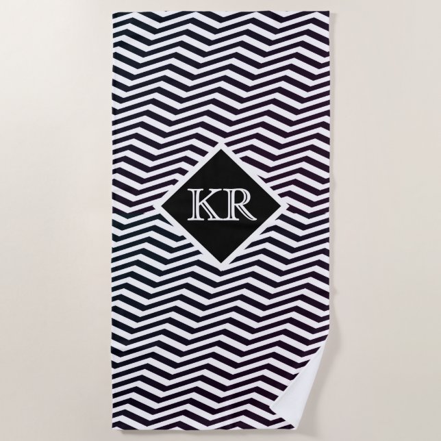 Serviette De Plage Classic noir blanc Zig Zag Chevron Monogramme (Devant)