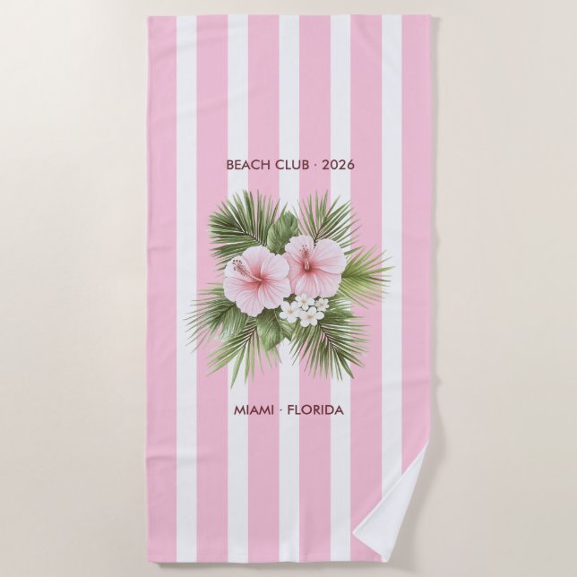 Serviette De Plage Club de plage Coastal Chic rose tropical rayé (Devant)