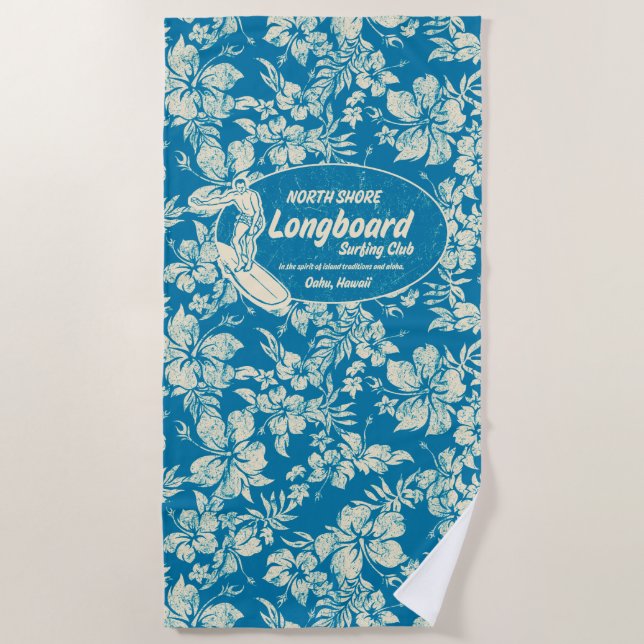Serviette De Plage Club Surf Longboard Logo Hibiscus Aloha- Azure (Devant)