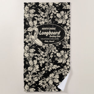 Serviette De Plage Club Surf Longboard Logo Hibiscus Aloha - Noir