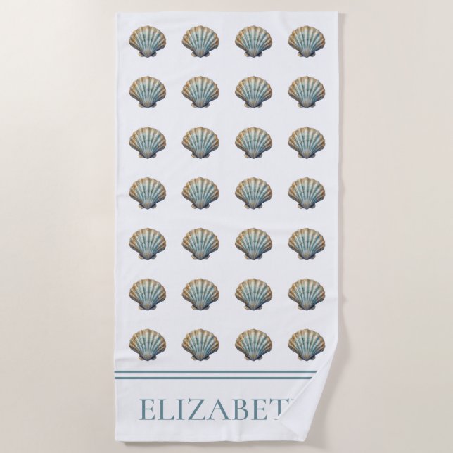 Serviette De Plage Coastal Blue Scallop Seashell Personalized (Devant)