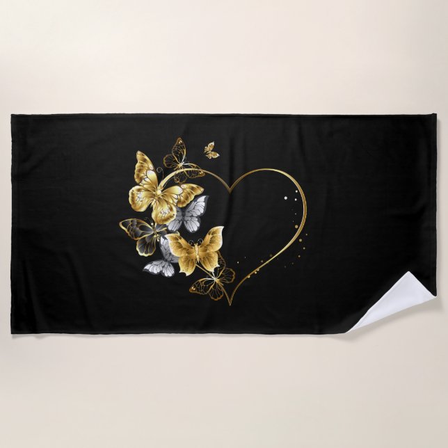 Serviette De Plage Coeur aux papillons d'or (Devant)