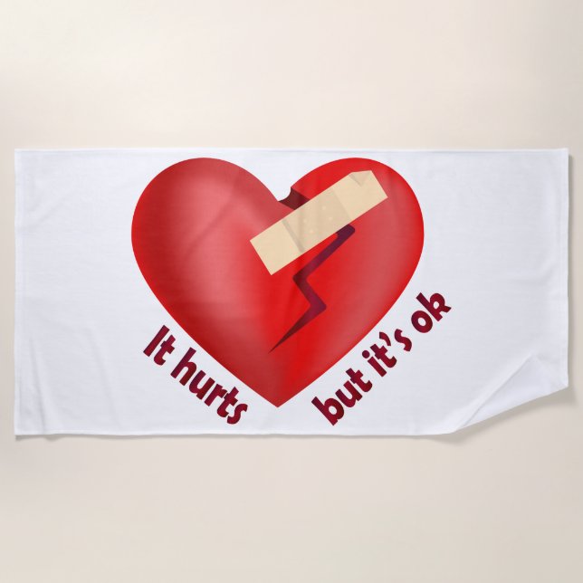 Serviette De Plage Coeur brisé guéri avec patch et citation de vie (Devant)