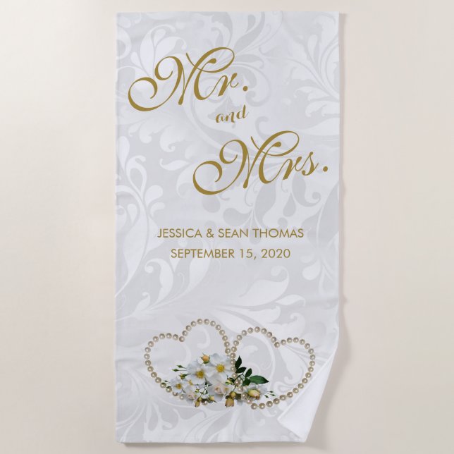 Serviette De Plage Coeurs et fleurs mariage damassé de perle (Devant)