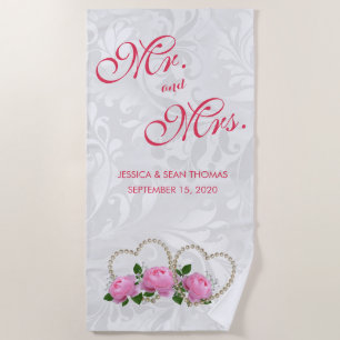 Serviette De Plage Coeurs et roses mariage damassé de perle