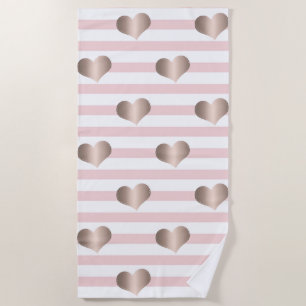 Serviette De Plage Cœurs Rose Gold Féminins, Rayures - Personnalisé