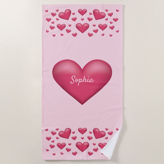 Serviette De Plage Coeurs roses Avec Texte Personnalisable (Devant)