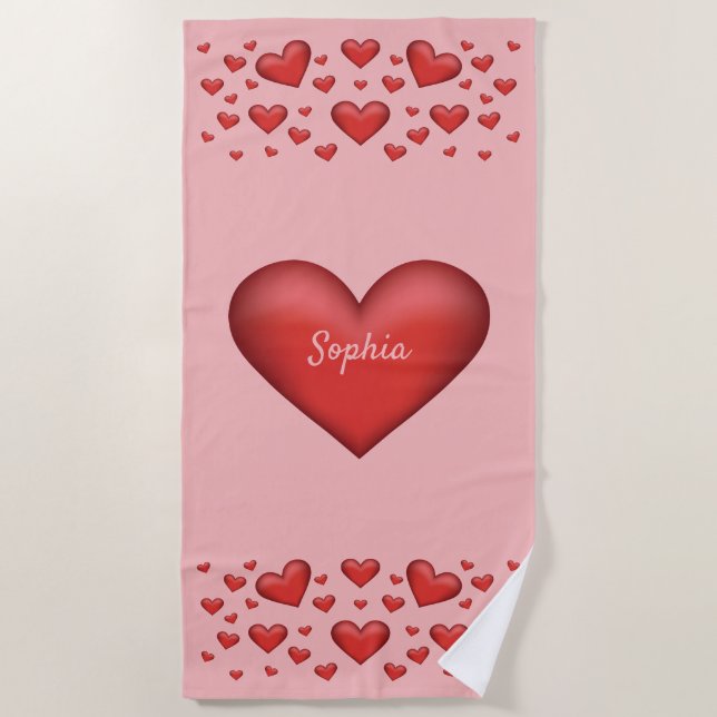 Serviette De Plage Coeurs rouges avec texte personnalisable (Devant)
