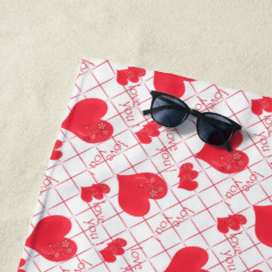 Serviette De Plage Coeurs rouges, texte, "aime-toi", rouge et blanc,