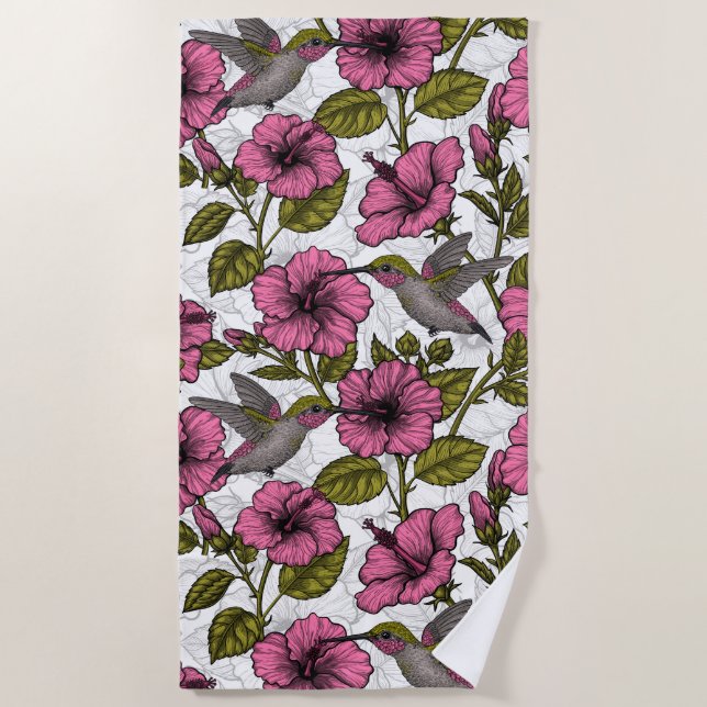 Serviette De Plage Colibris et fleurs d'hibiscus roses (Devant)