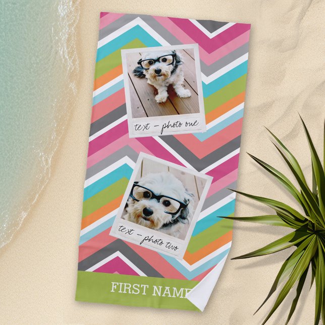 Serviette De Plage Collage de photos Instagram avec des Chevrons colo (Personalized Beach Towel with Photos and Text)