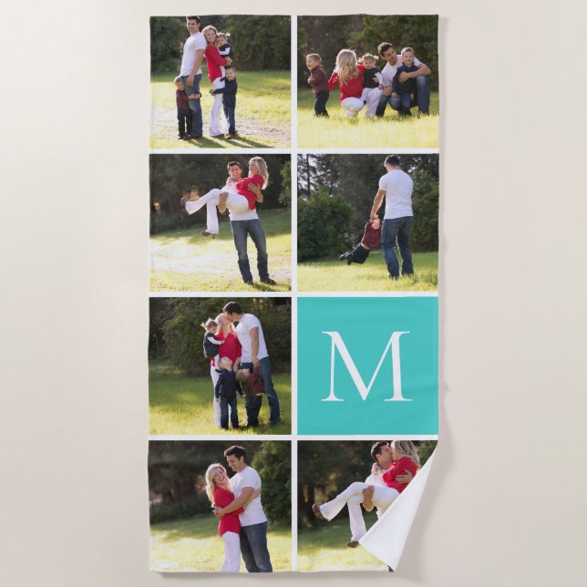 Serviette De Plage Collage photo avec 7 photos et monogramme (Devant)