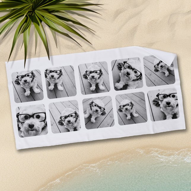 Serviette De Plage Collage photo personnalisé de 10 images avec cadre (Personalized Beach Towel - Add Photos and Text)