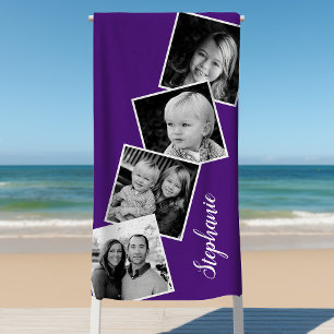 Serviette De Plage Collage photo personnalisé de 4 photos, bande de f