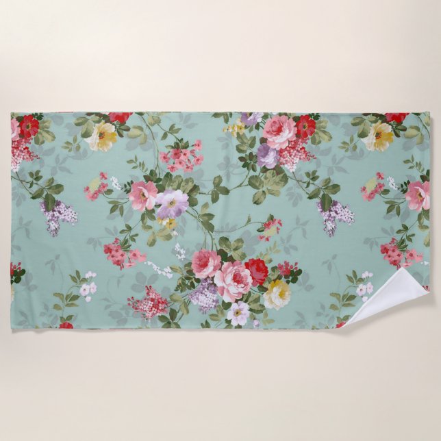 Serviette De Plage Conception vintage de fleurs vertes  (Devant)