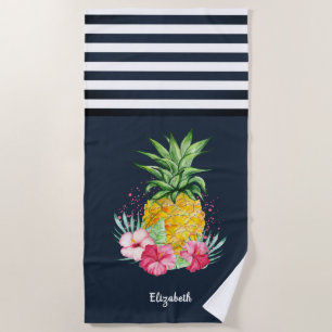 Serviette De Plage Cool Ananas Hibiscus Marine Bleu rayé