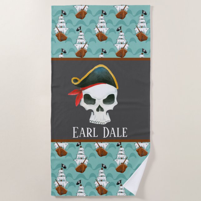 Serviette De Plage Cool Pirate crâne et bateaux ajouter nom (Devant)