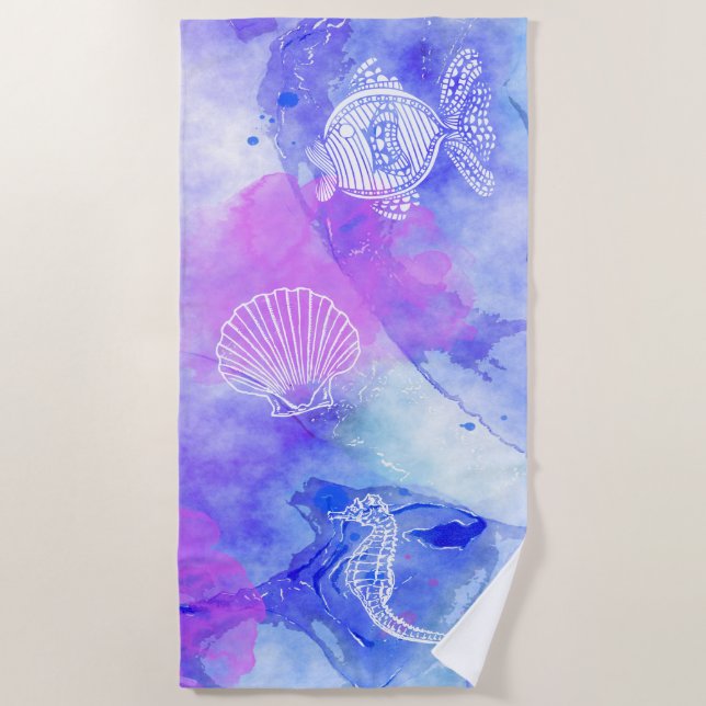 Serviette De Plage Coquillage marin de poissons de mer sur les bleus  (Devant)
