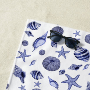 Serviette De Plage Coquillages bleus et blancs