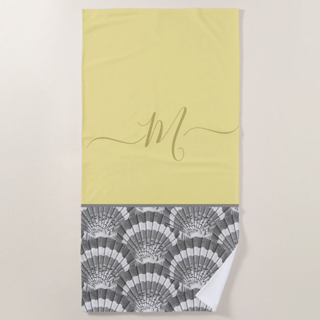 Serviette De Plage Coquille de coquillage moderne marine jaune gris (Devant)
