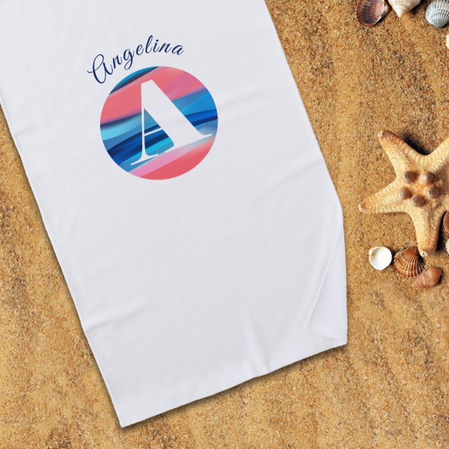 Serviette De Plage Corail de luxe coupé bleu lettre nom Un blanc (Créateur téléchargé)