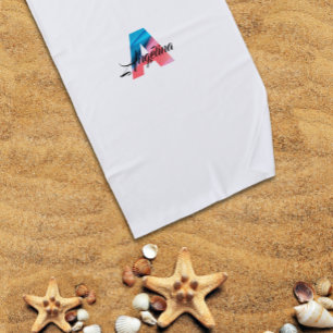 Serviette De Plage Corail de luxe coupé bleu nom initial Un blanc