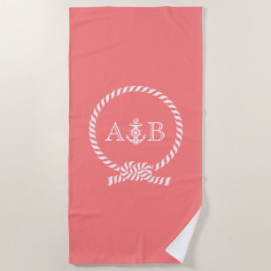 Serviette De Plage Corail et Ancre Monogrammé