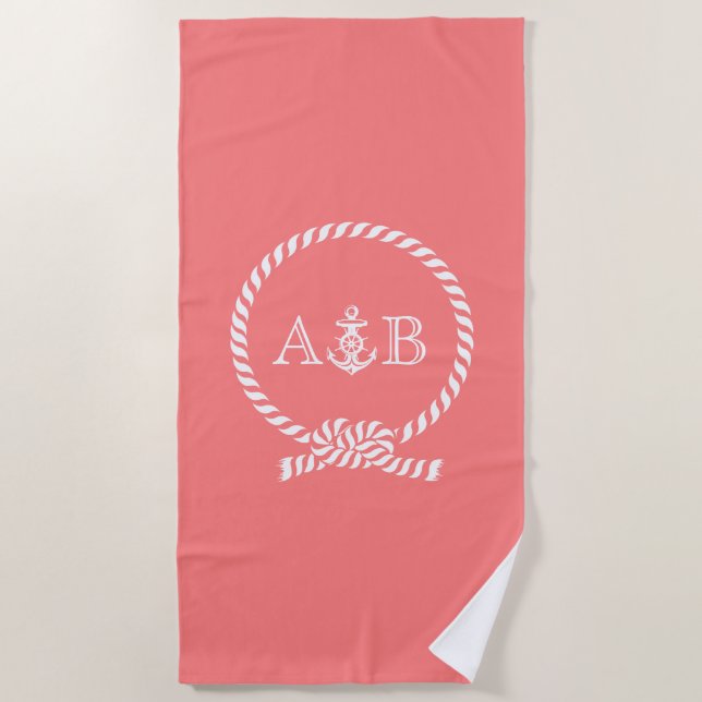Serviette De Plage Corail et Ancre Monogrammé (Devant)