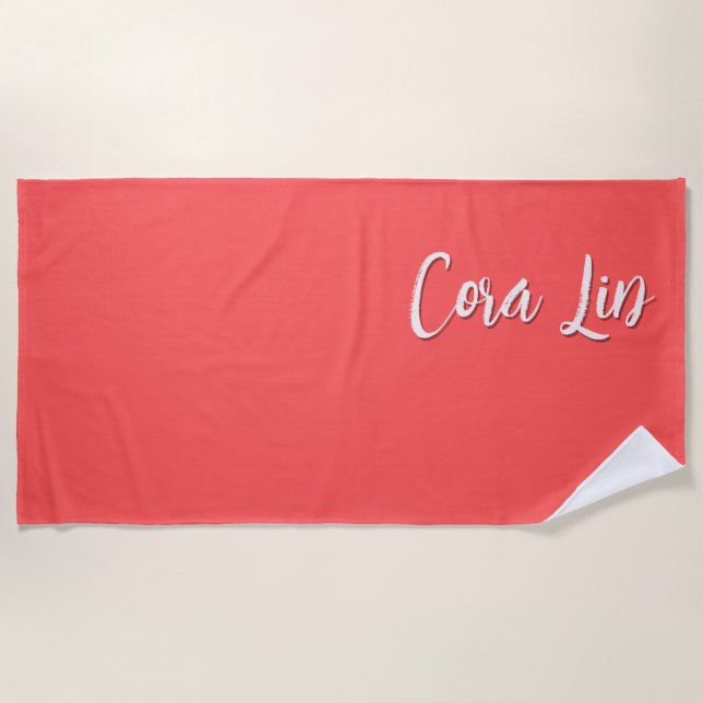 Serviette De Plage Corail Rouge Bicolore Nom Personnalisé Moderne (Devant)
