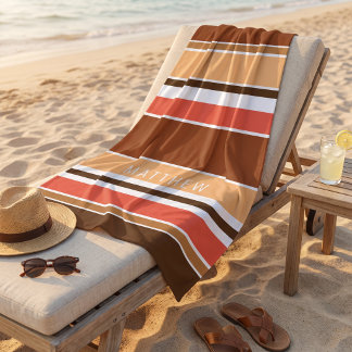 Serviette De Plage Corail Rouge Brun Foncé Rayures Brun Clair Personn