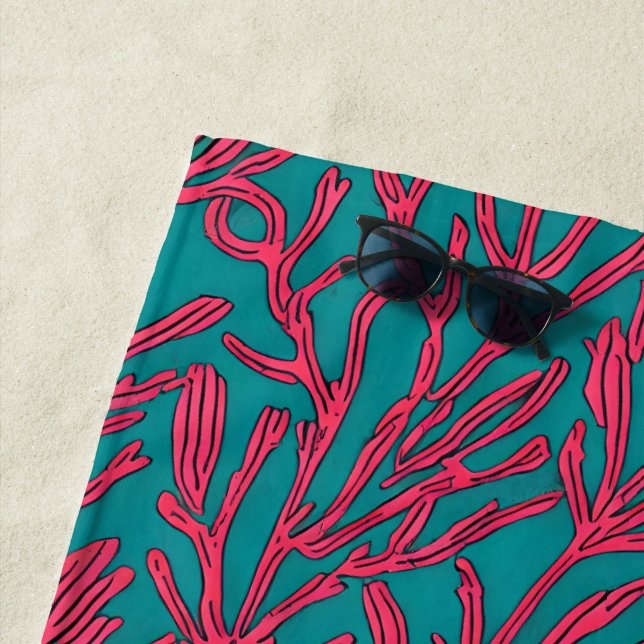 Serviette De Plage Coral Reef rose Abstrait et Motif Turquoise (En situation)