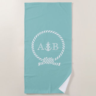 Serviette De Plage Corde à menthe et Ancre Monogrammé