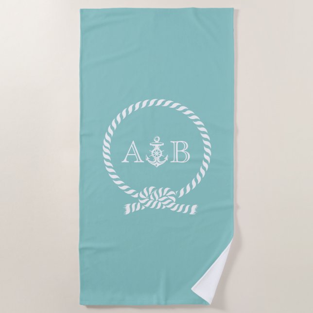 Serviette De Plage Corde à menthe et Ancre Monogrammé (Devant)