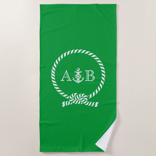 Serviette De Plage Corde verte et Ancre Monogrammé (Devant)