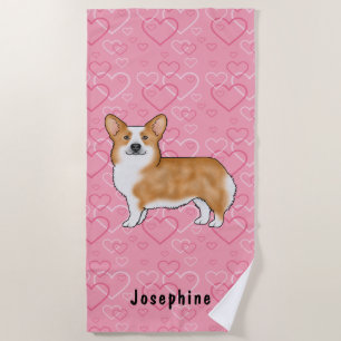 Serviette De Plage Corgi gallois Pembroke Rouge Sur Coeur Rose Avec N