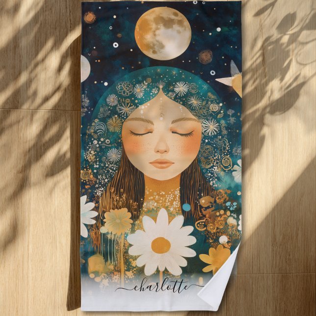 Serviette De Plage Cosmic Girl Boho Moon & Daisy Illustration Custom (Cosmic Girl Boho Moon & Daisy Illustration Custom Beach Towel)