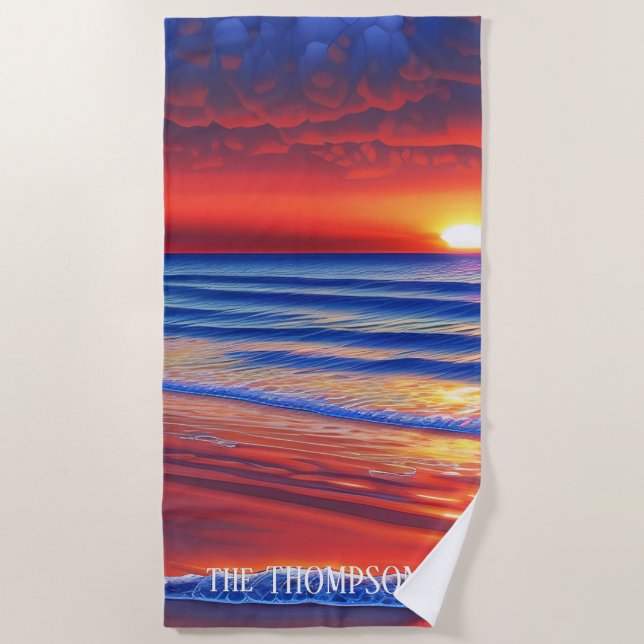 Serviette De Plage Coucher de soleil de plage avec nom personnalisé (Devant)