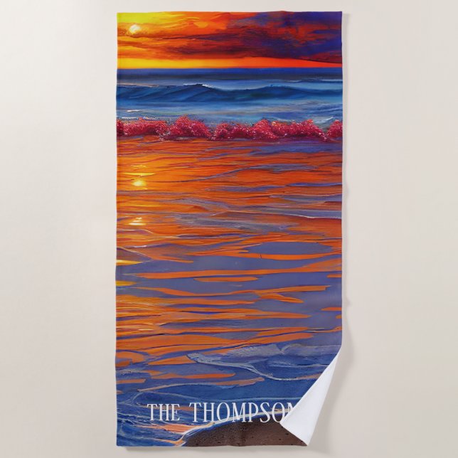 Serviette De Plage Coucher de soleil océan avec nom personnalisé (Devant)