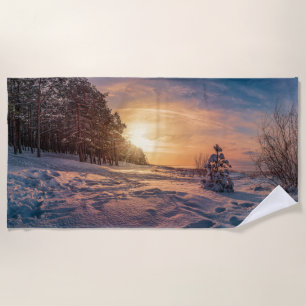 Serviette De Plage Coucher de soleil sur la côte de la mer d'hiver