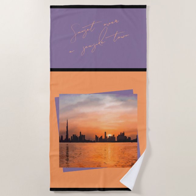 Serviette De Plage Coucher de soleil sur une ville balnéaire - Art (Devant)