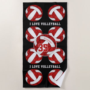 Serviette De Plage couleurs d'équipe rouge et blanc J'aime volleyball