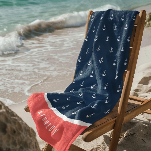 Serviette De Plage Couleurs personnalisées Ajouter un nom Ancre nauti (Créateur téléchargé)